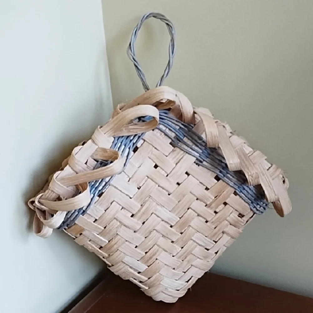 Hand Crafted Bamboo Basket Diamond Shape Mother's Day Gift Cottagecore Blue Trim